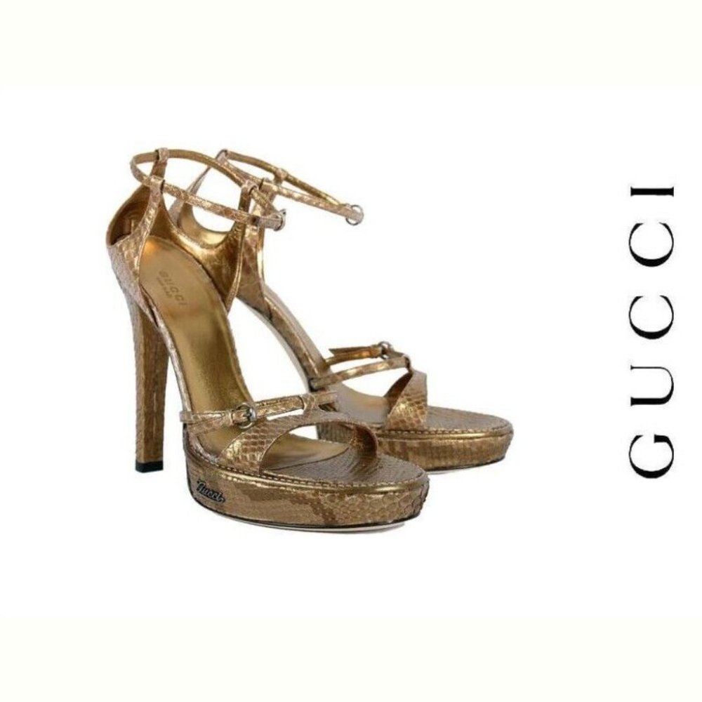 New Gucci Gold Python Platform Shoes Sandals Size… - image 1